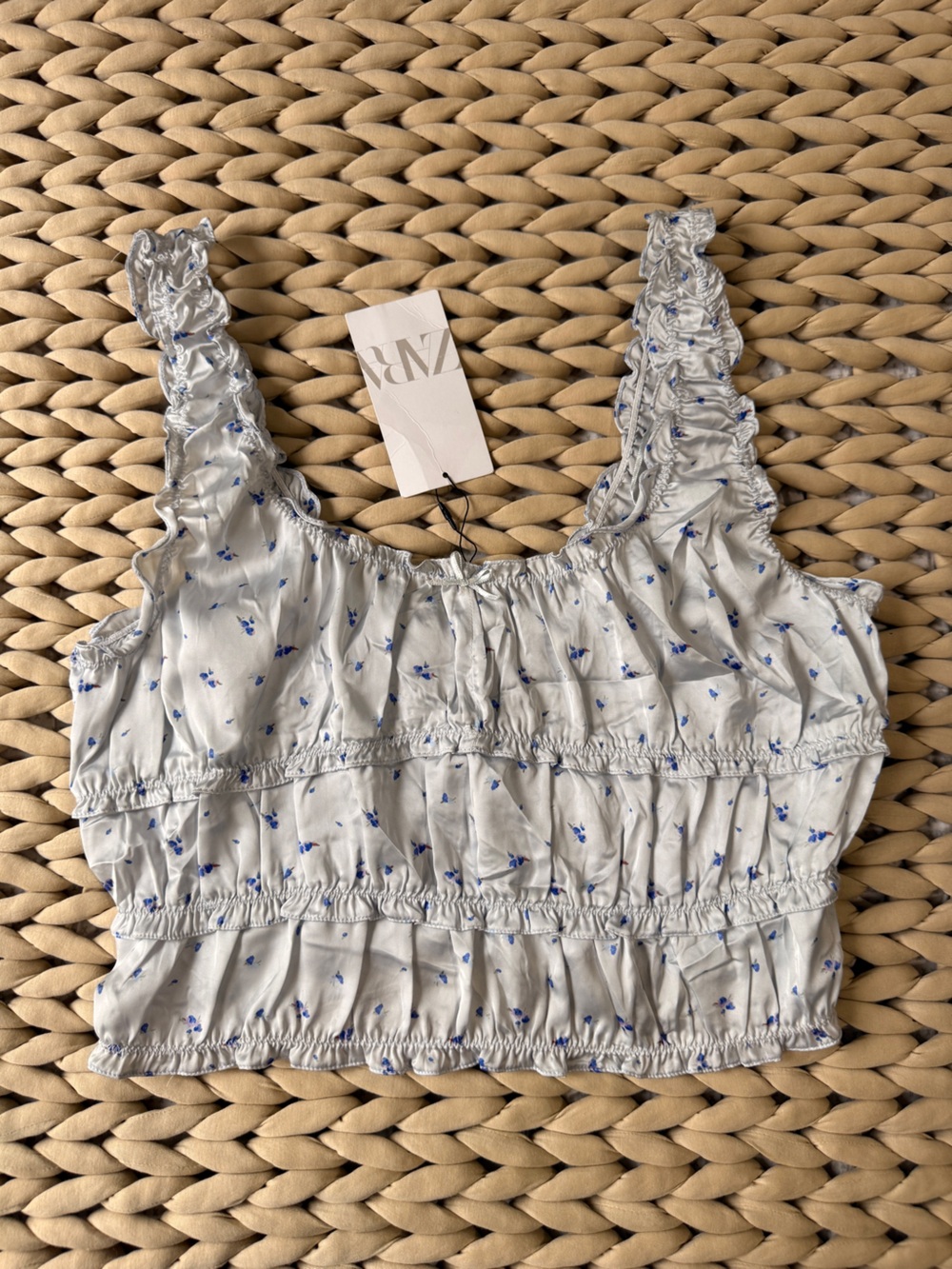 Zara White Crop Top with Blue Floral Print